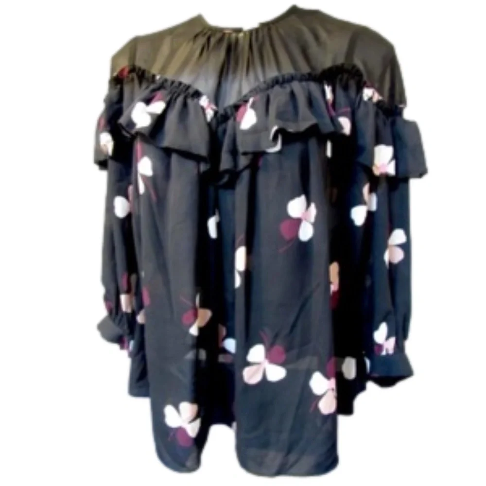 Kate Spade Black Floral Glitzy Ritzy Dusk Buds Ruffle Semi-Sheer Top Small
